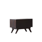 Homecrest Balcombe bedside table in dark solid hardwood with a minimalist rectangular design and angled tapered legs.