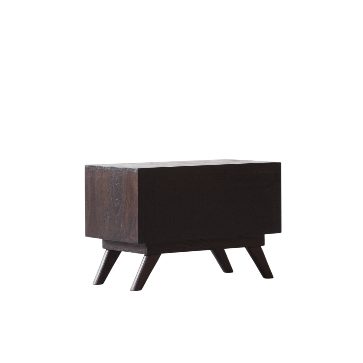 Homecrest Balcombe bedside table in dark solid hardwood with a minimalist rectangular design and angled tapered legs.
