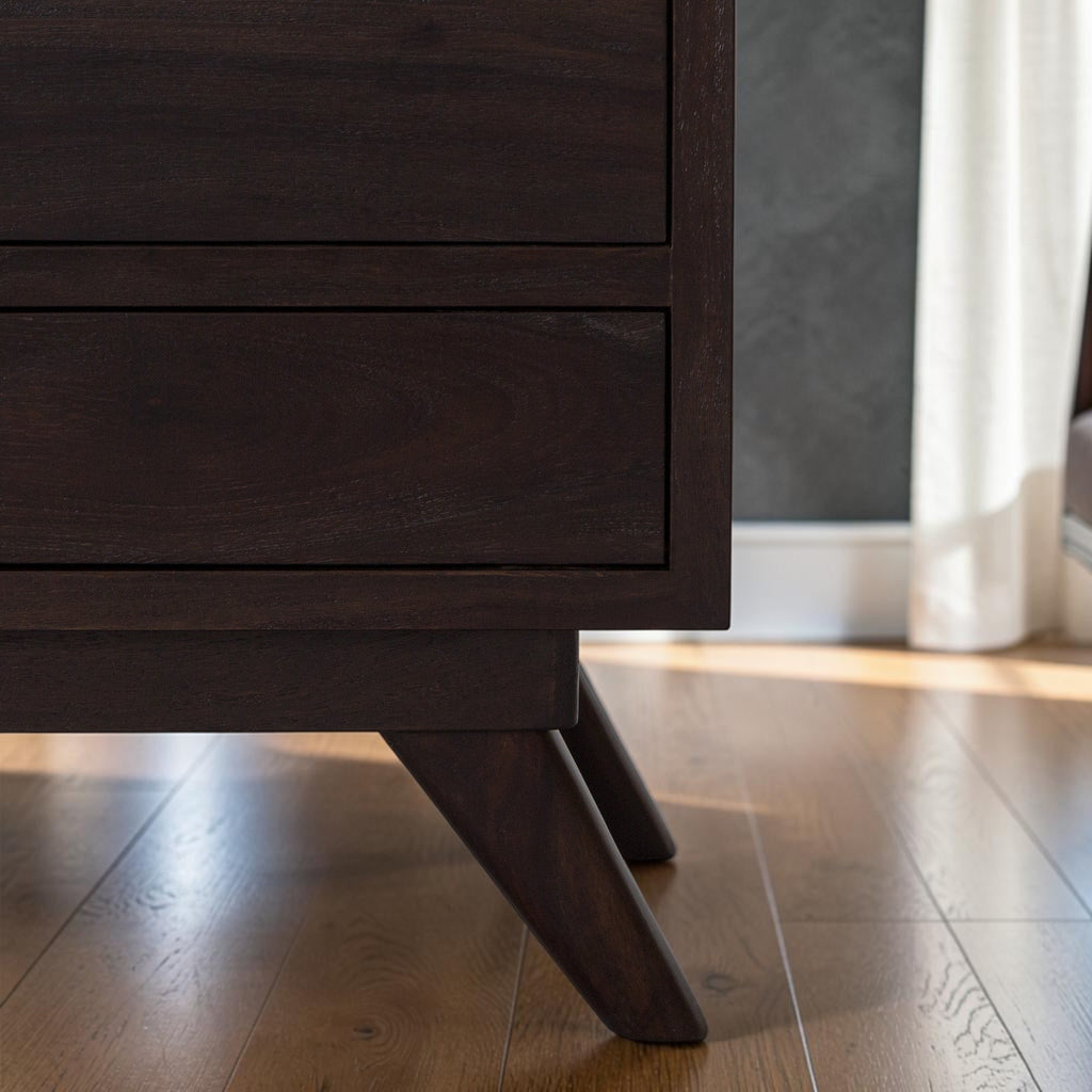 Homecrest Balcombe bedside table in solid dark hardwood with an antiqued stained finish and tapered wooden legs