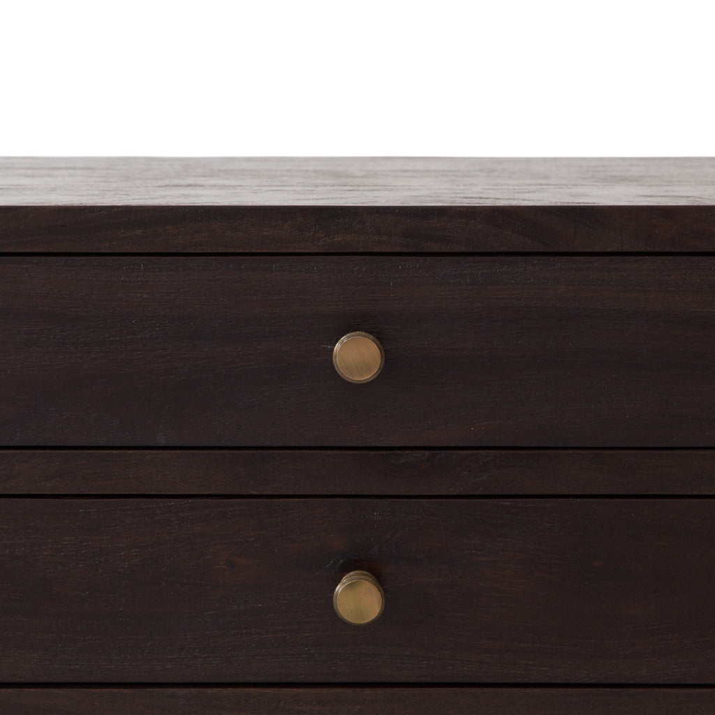 Homecrest Balcombe bedside table in dark solid hardwood with two drawers and round brass knobs