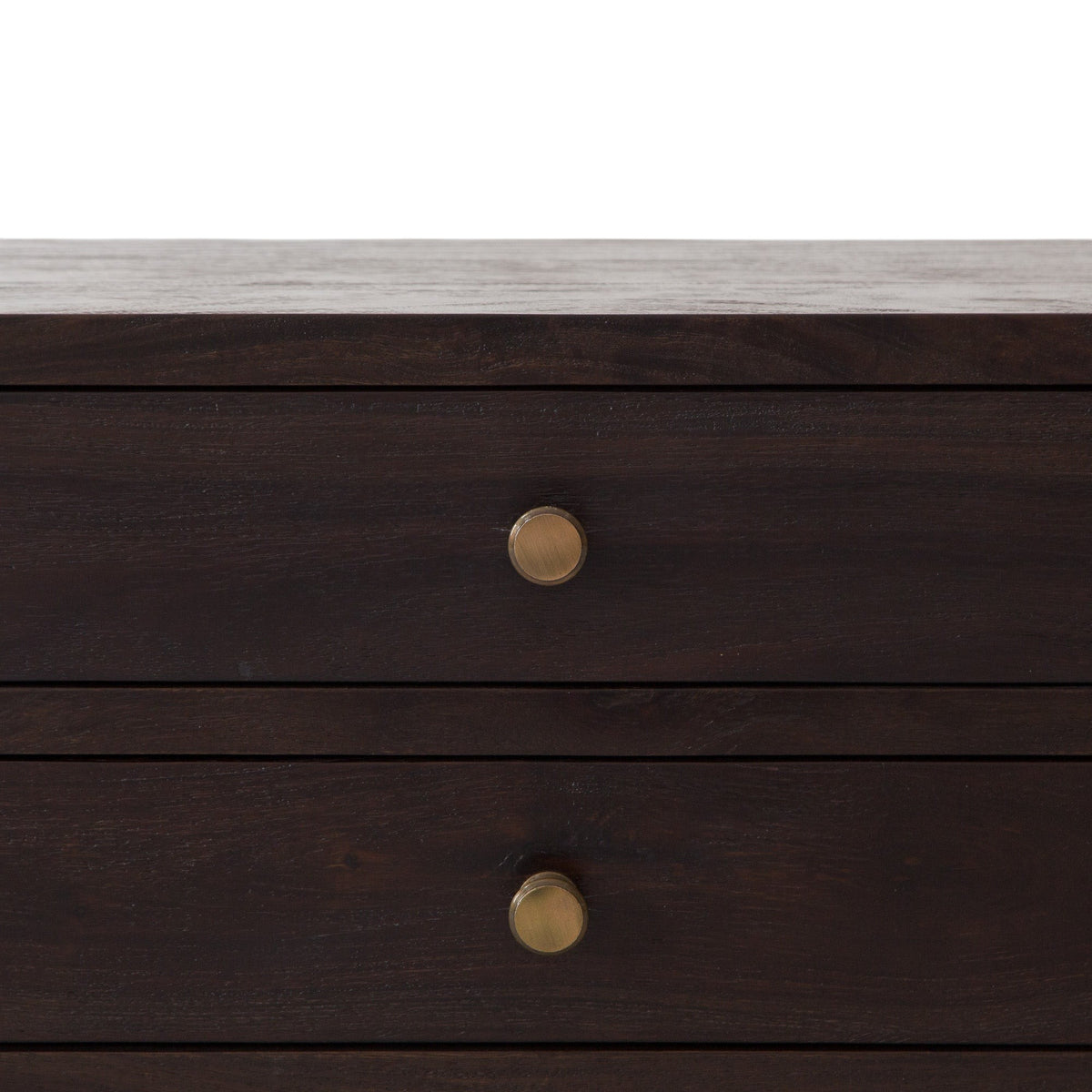 Homecrest Balcombe bedside table in dark solid hardwood with two drawers and round brass knobs