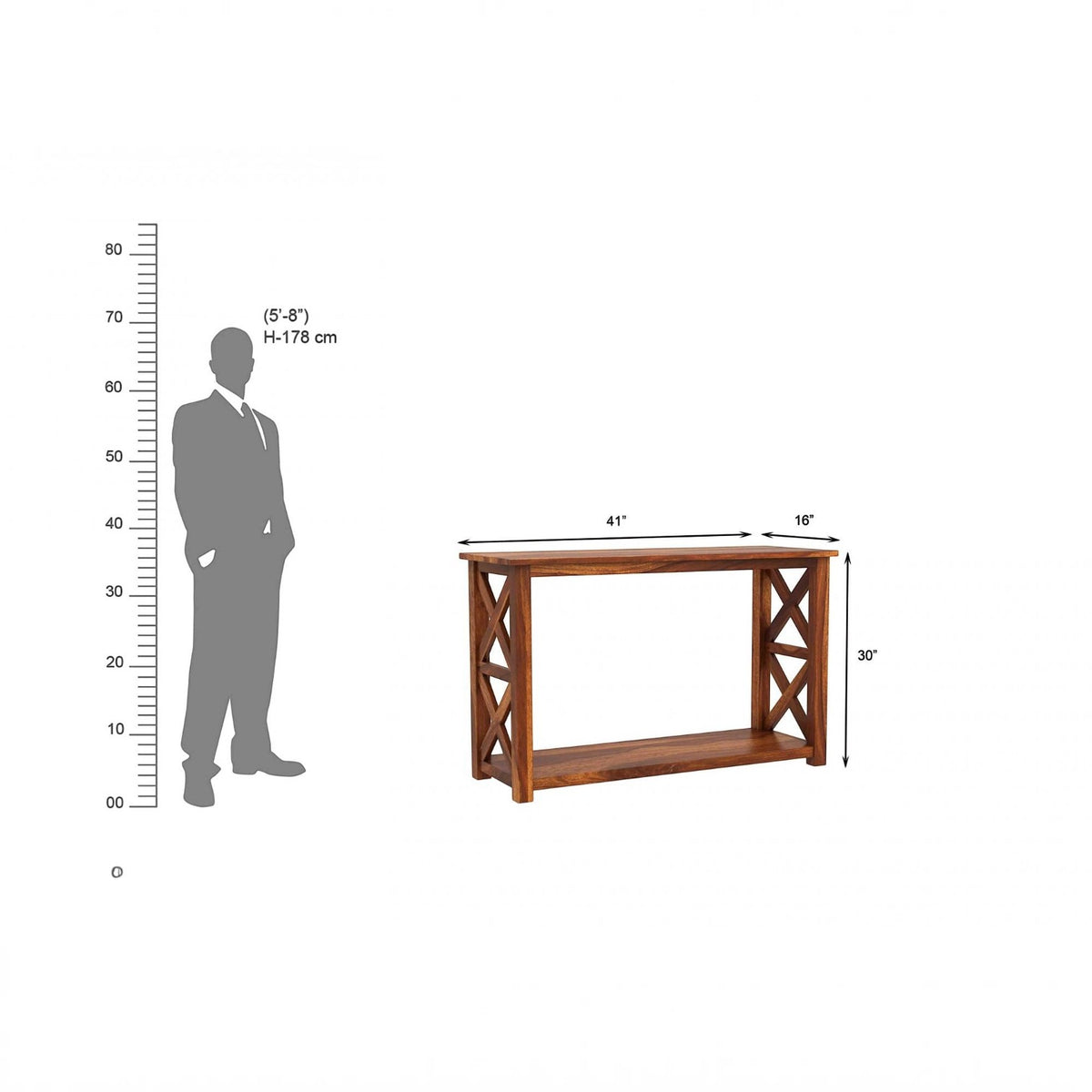 Homecrest Brae solid sheesham wood console table with cross-side design and dimensions shown next to a human figure