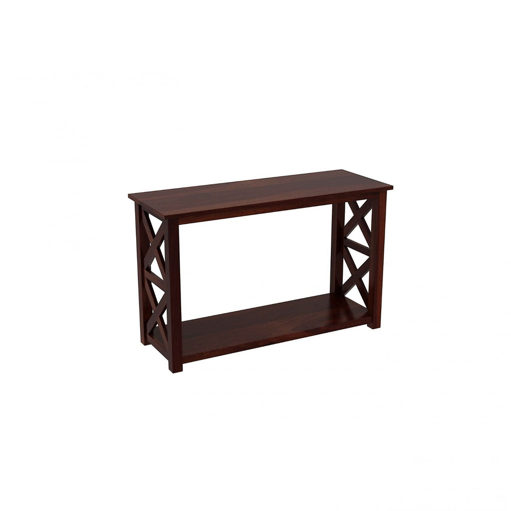Homecrest Brae console table in solid dark walnut sheesham wood with a contemporary X-frame side design