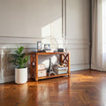 Homecrest Brae console table in solid sheesham wood with a contemporary cross-brace design in a living room setting