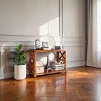 Homecrest Brae console table in solid sheesham wood with a contemporary cross-brace design in a living room setting