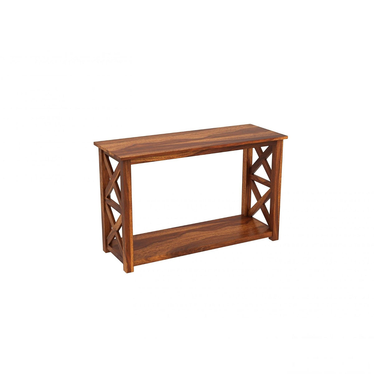Homecrest Brae contemporary console table in solid sheesham wood with a natural grain and X-frame side detailing.