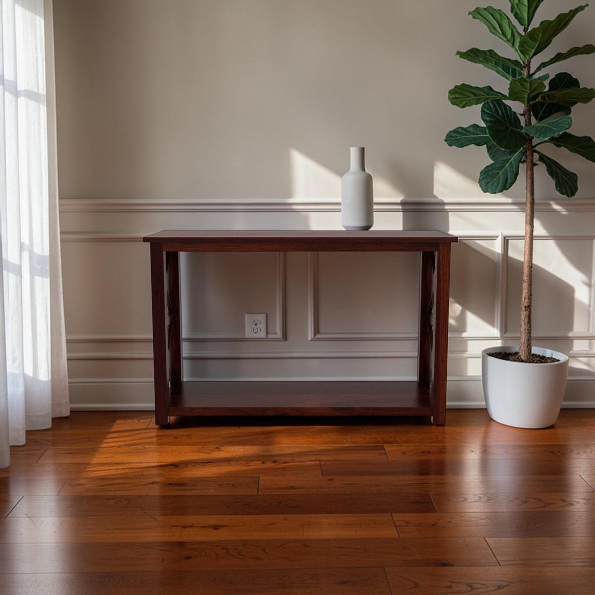 Homecrest Brae contemporary console table in solid walnut-finished sheesham wood against a wainscoted wall