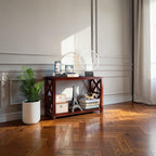 Homecrest Brae console table in solid sheesham wood with a contemporary cross-brace design in a walnut finish.