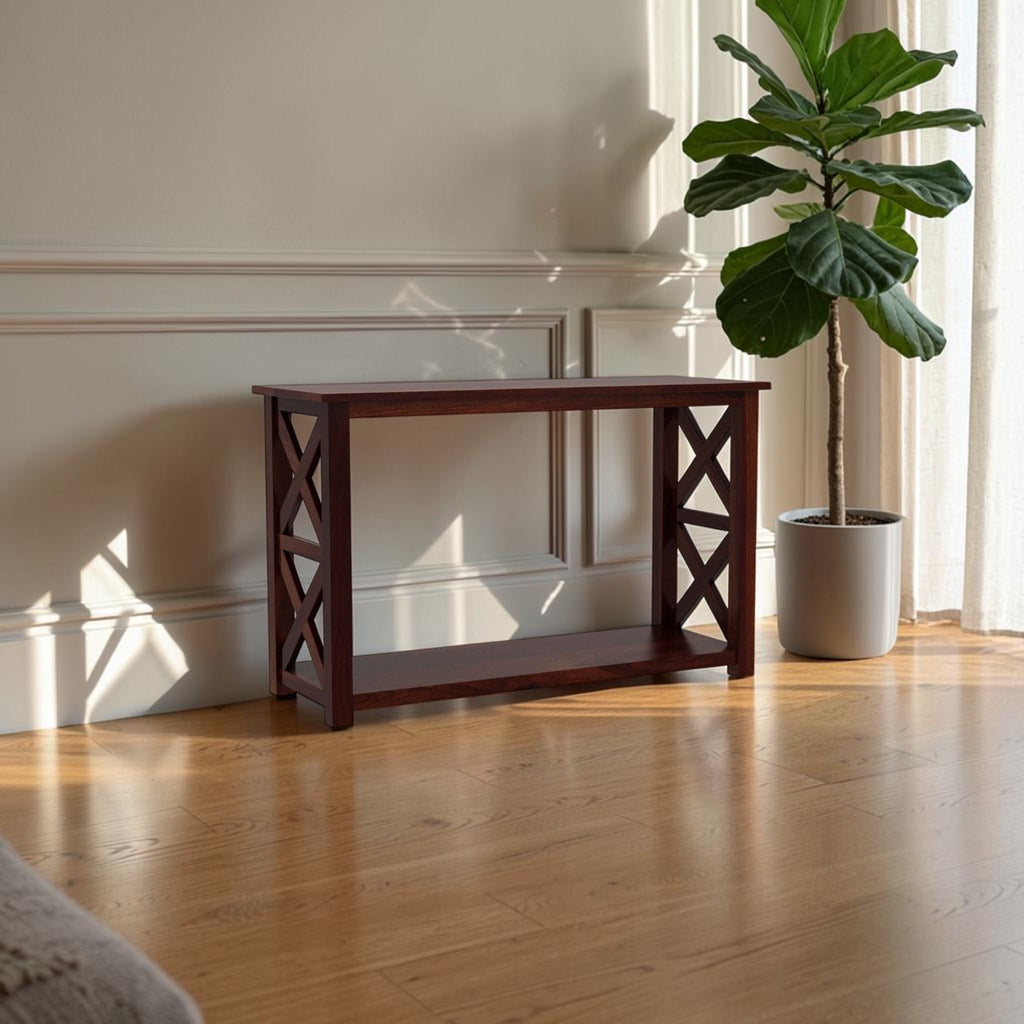 Homecrest Brae console table in dark walnut solid sheesham wood with contemporary cross-side detailing in a bright room