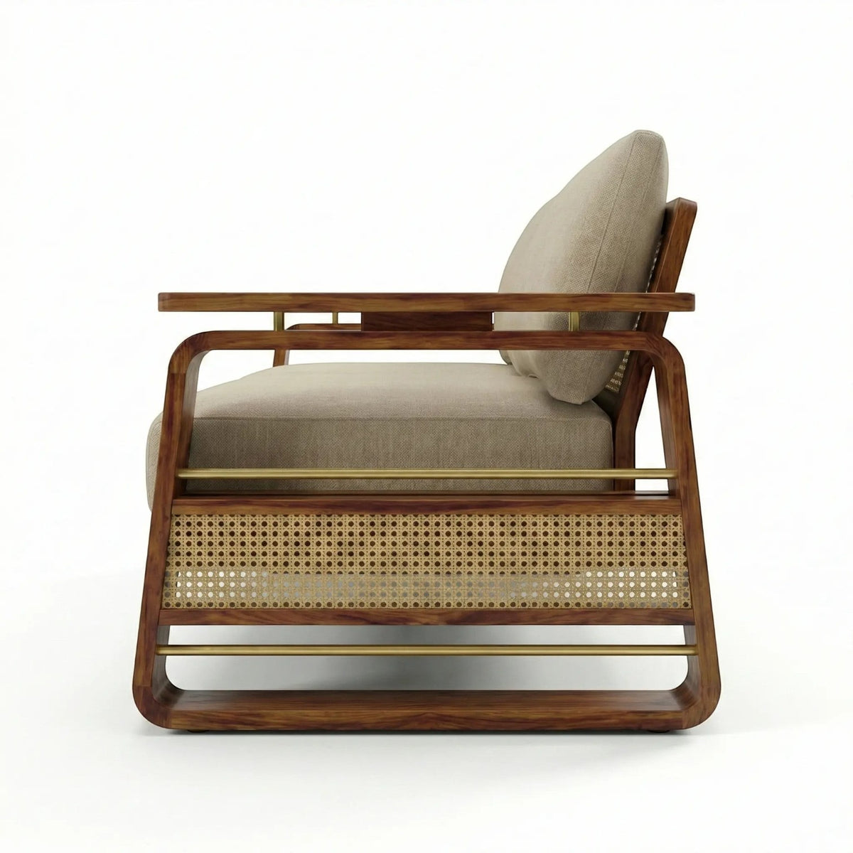 Homecrest Bramshaw 3 seater sofa in solid wood with natural cane paneling and beige fabric cushions, side profile view.