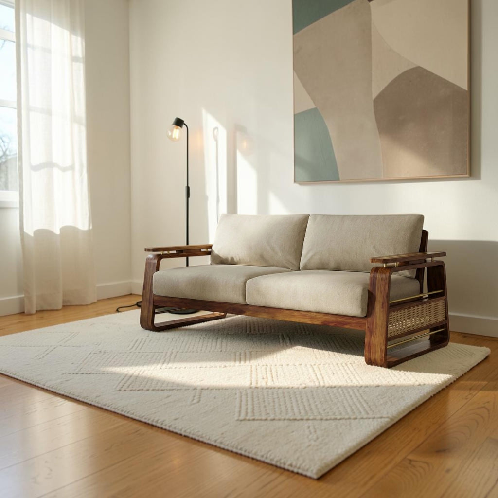 Homecrest Bramshaw 3 seater sofa with solid wood frame, natural cane panels, and plush beige fabric cushions.