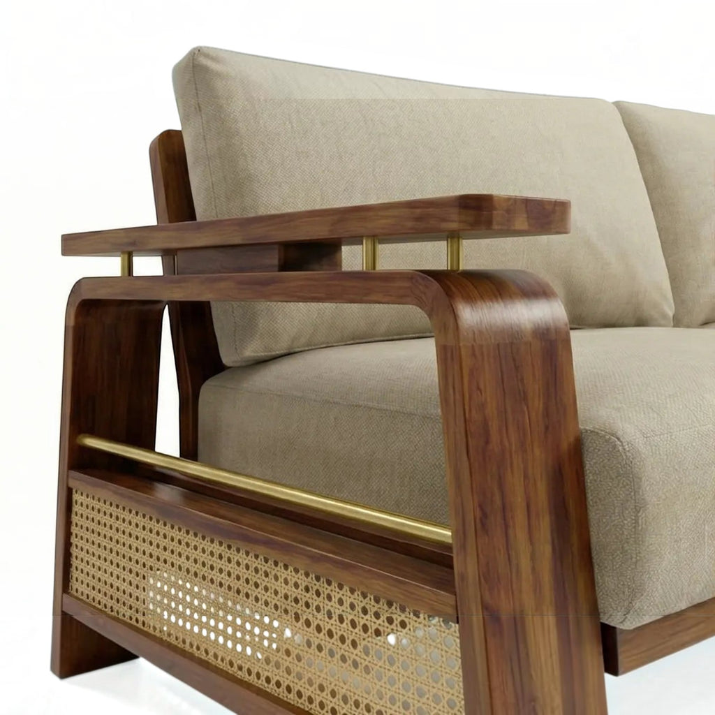 Homecrest Bramshaw 3 seater sofa featuring a solid wood frame, natural cane side panels, and beige fabric cushions.