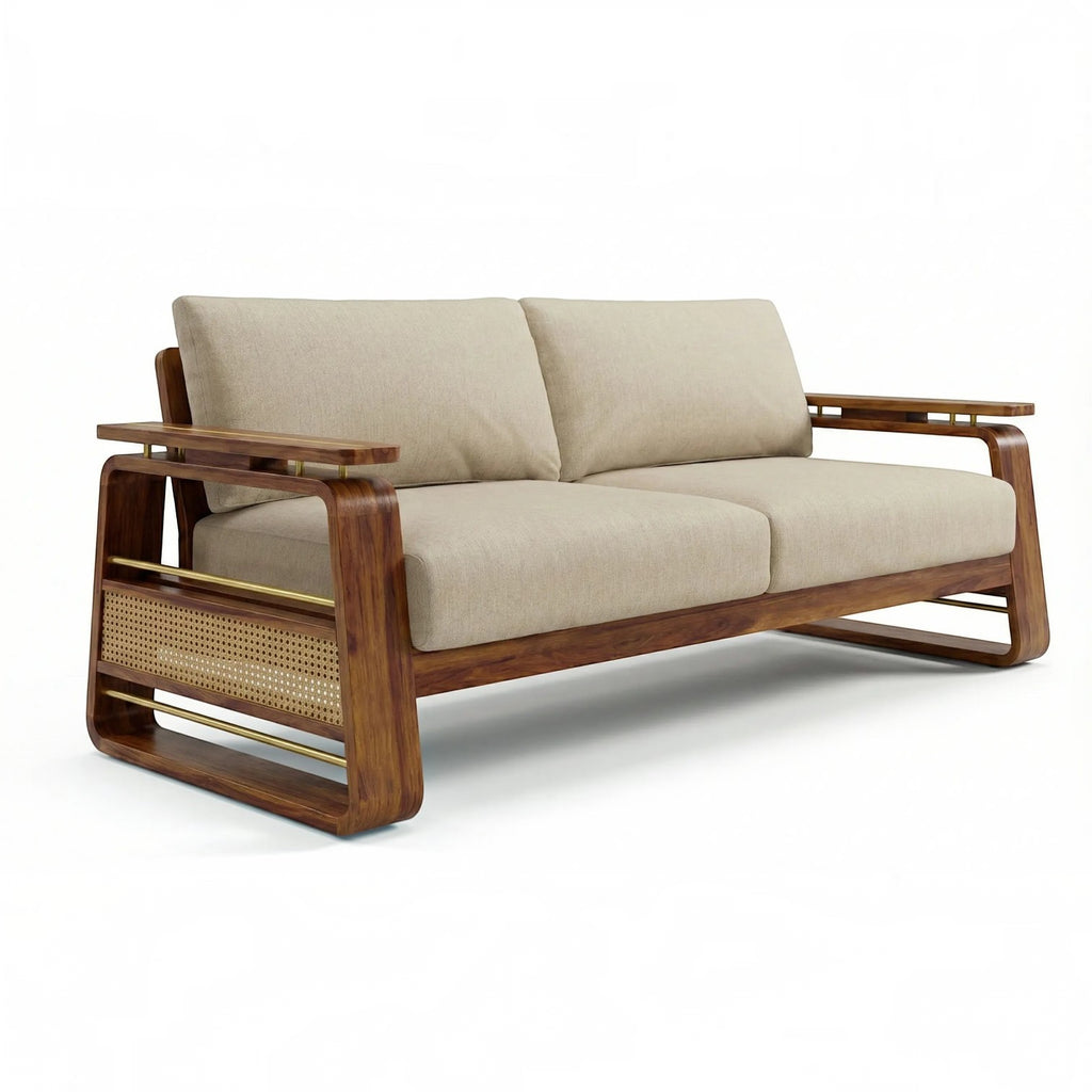 Homecrest Bramshaw 3 seater sofa with solid wood frame, natural cane panels, and beige fabric cushions.