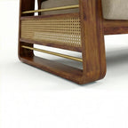 Homecrest Bramshaw 3 seater sofa featuring a sculpted solid wood frame with natural cane paneling and beige cushions