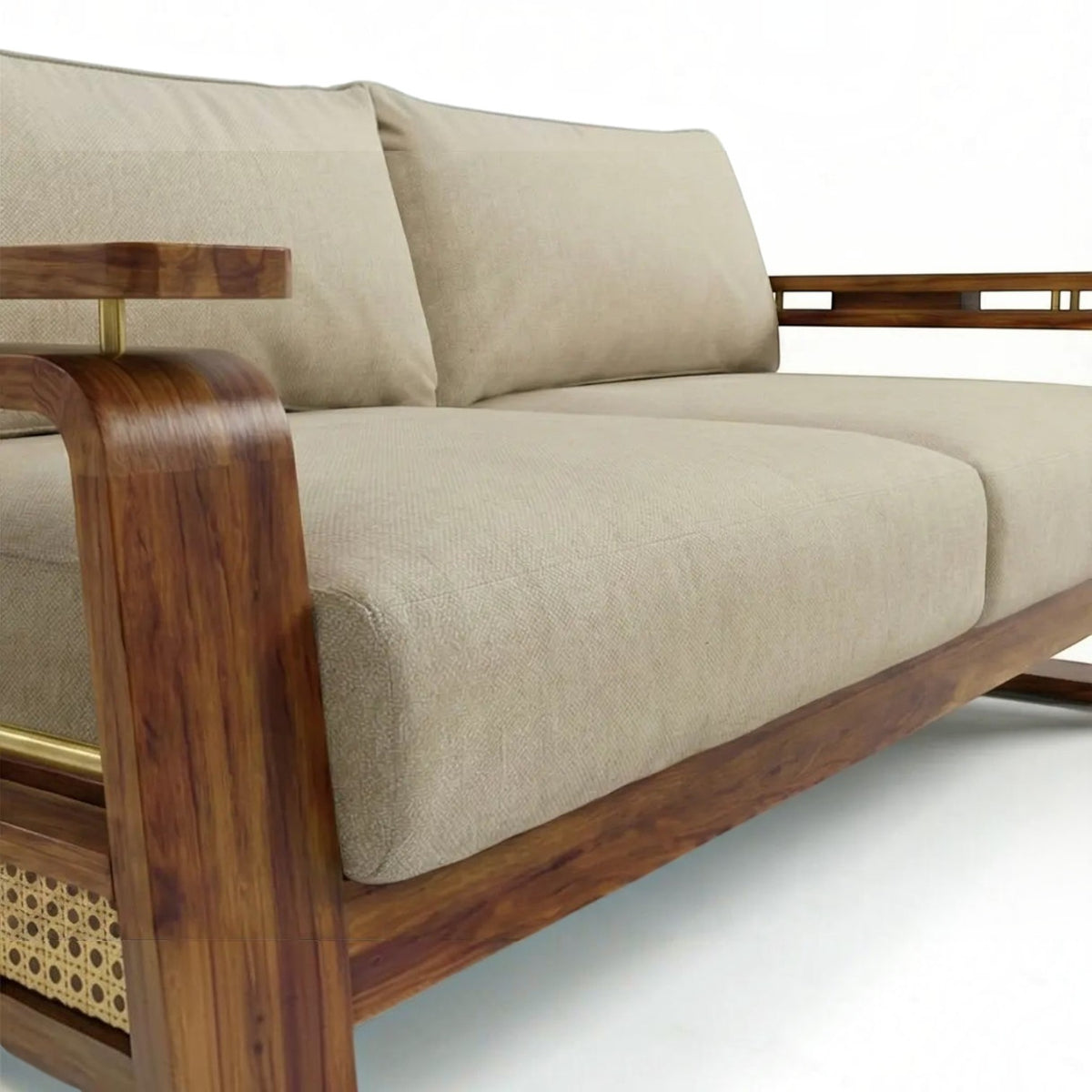 Homecrest Bramshaw 3 seater sofa with a solid wood frame, natural cane panels, and plush beige fabric cushions.