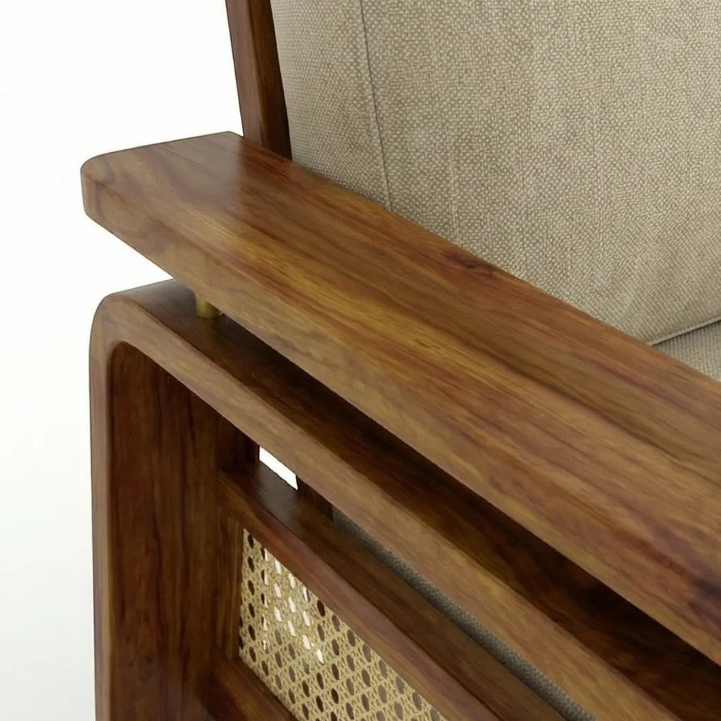 Homecrest Bramshaw 3 seater sofa armrest detail featuring a sculpted solid wood frame and natural cane side panel.