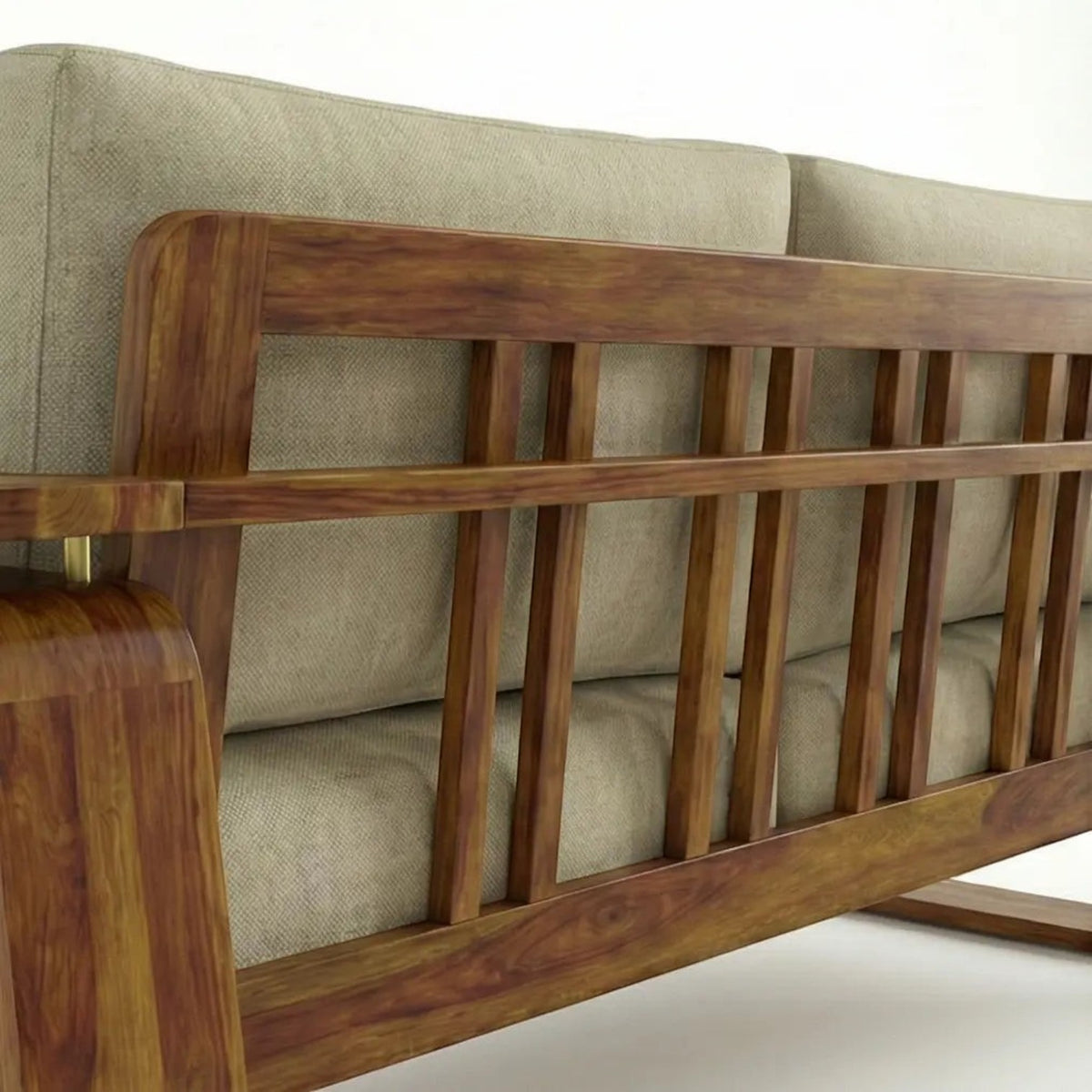 Homecrest Bramshaw 3 seater sofa featuring a solid wood frame with a warm natural finish and beige fabric cushions.