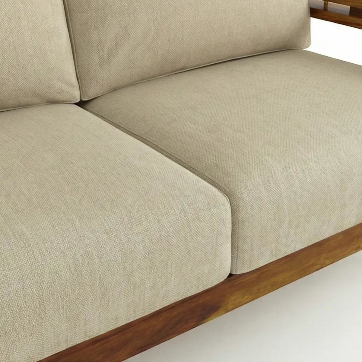 Homecrest Bramshaw 3 seater sofa featuring a natural solid wood frame and plush beige fabric cushions.