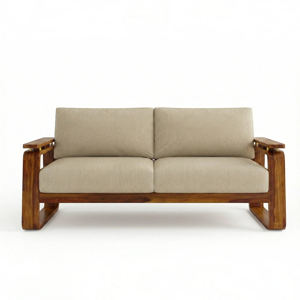 Homecrest Bramshaw 3 seater sofa with a solid wood frame, natural finish, and beige fabric cushions.