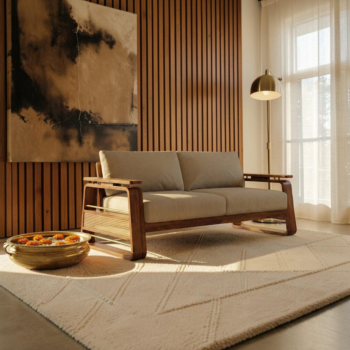 Homecrest Bramshaw 3 seater sofa in solid wood with beige fabric cushions and natural cane side panels in a living room