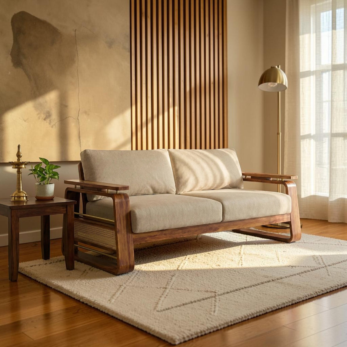 Homecrest Bramshaw 3 seater sofa with solid wood frame, natural cane panels, and plush beige fabric cushions.