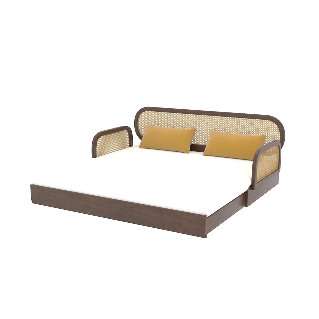 Homecrest Brayton acacia wood daybed with cane-panel back and sides, featuring a flat double bed configuration.