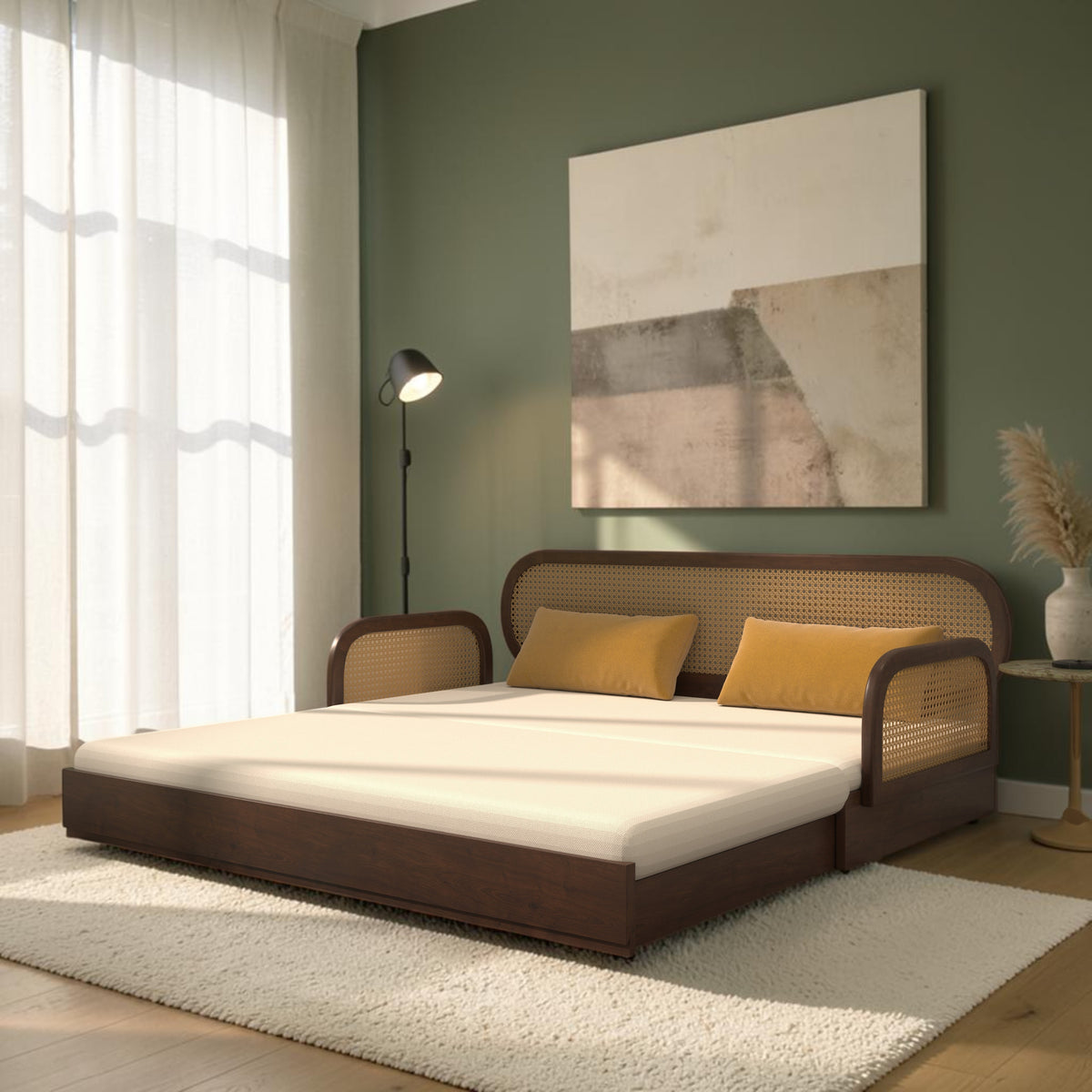 Homecrest Brayton acacia wood sofa cum bed with cane-panel back and side in a modern bedroom setting.