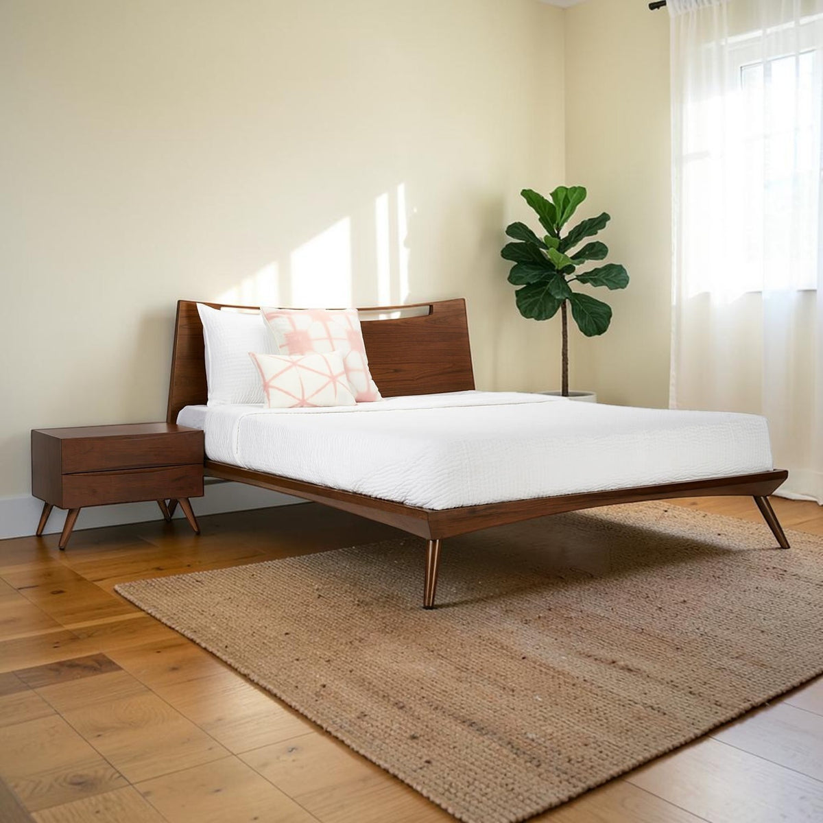 Homecrest Bickleigh mid-century modern teakwood bed frame with a matching bedside table against a white background.