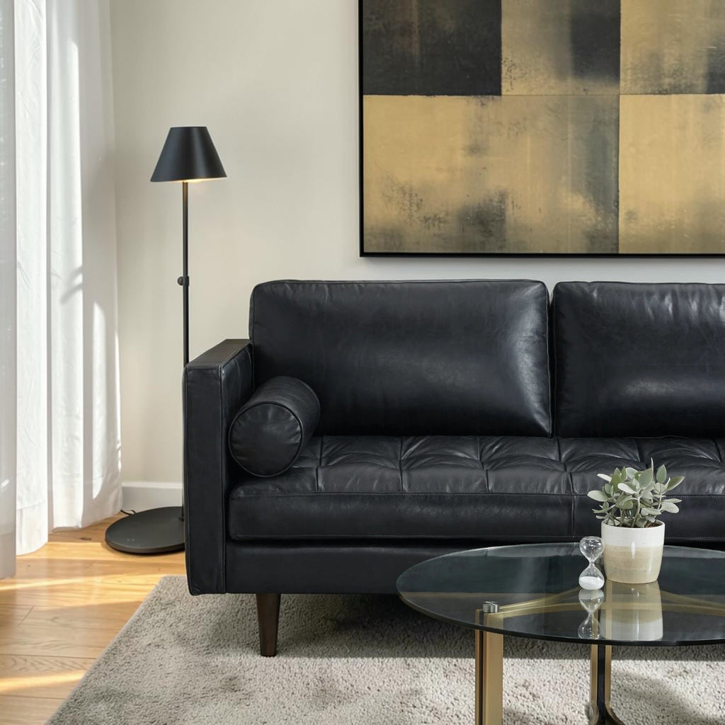 Homecrest Camber sectional sofa in rhino black leather with button-tufted seating and a solid wood frame