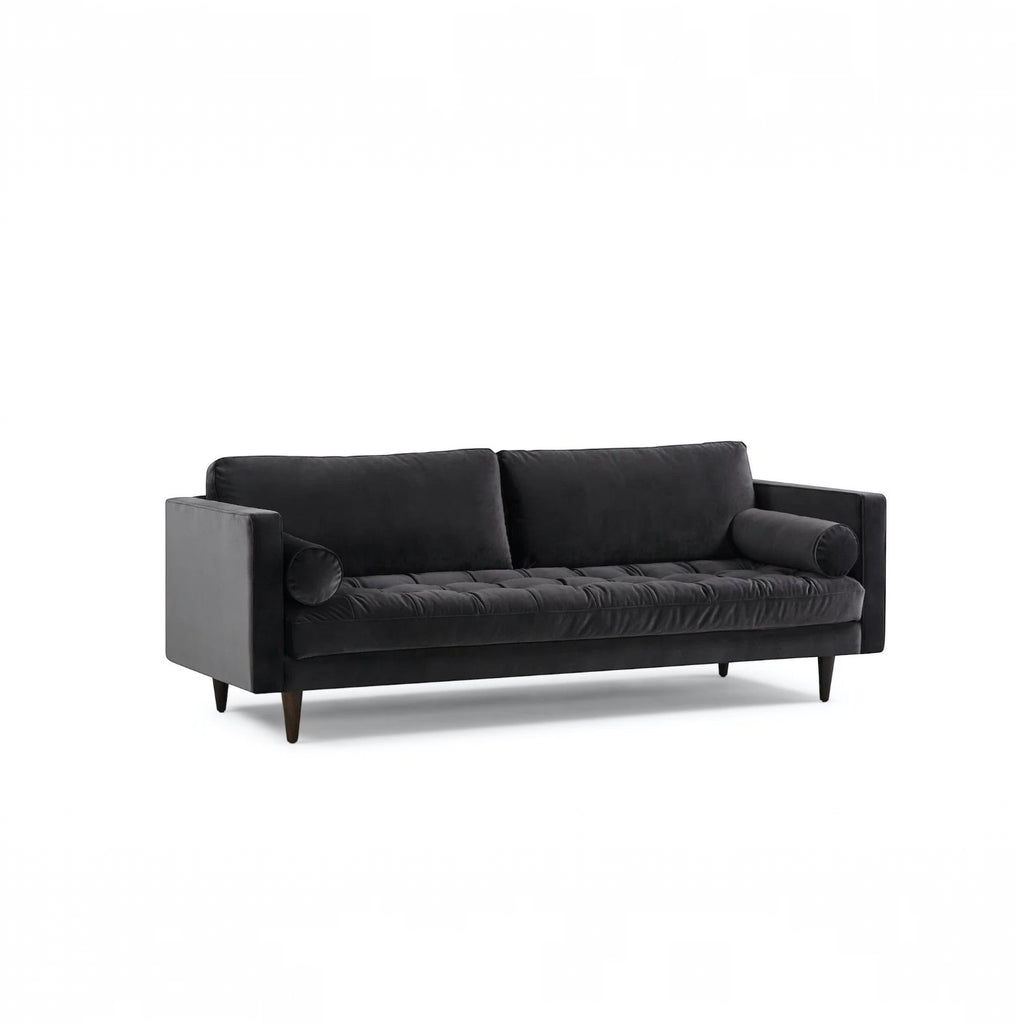 Homecrest Bicknor 2 seater sofa in black suede velvet fabric with a mid-century modern design and tapered legs.