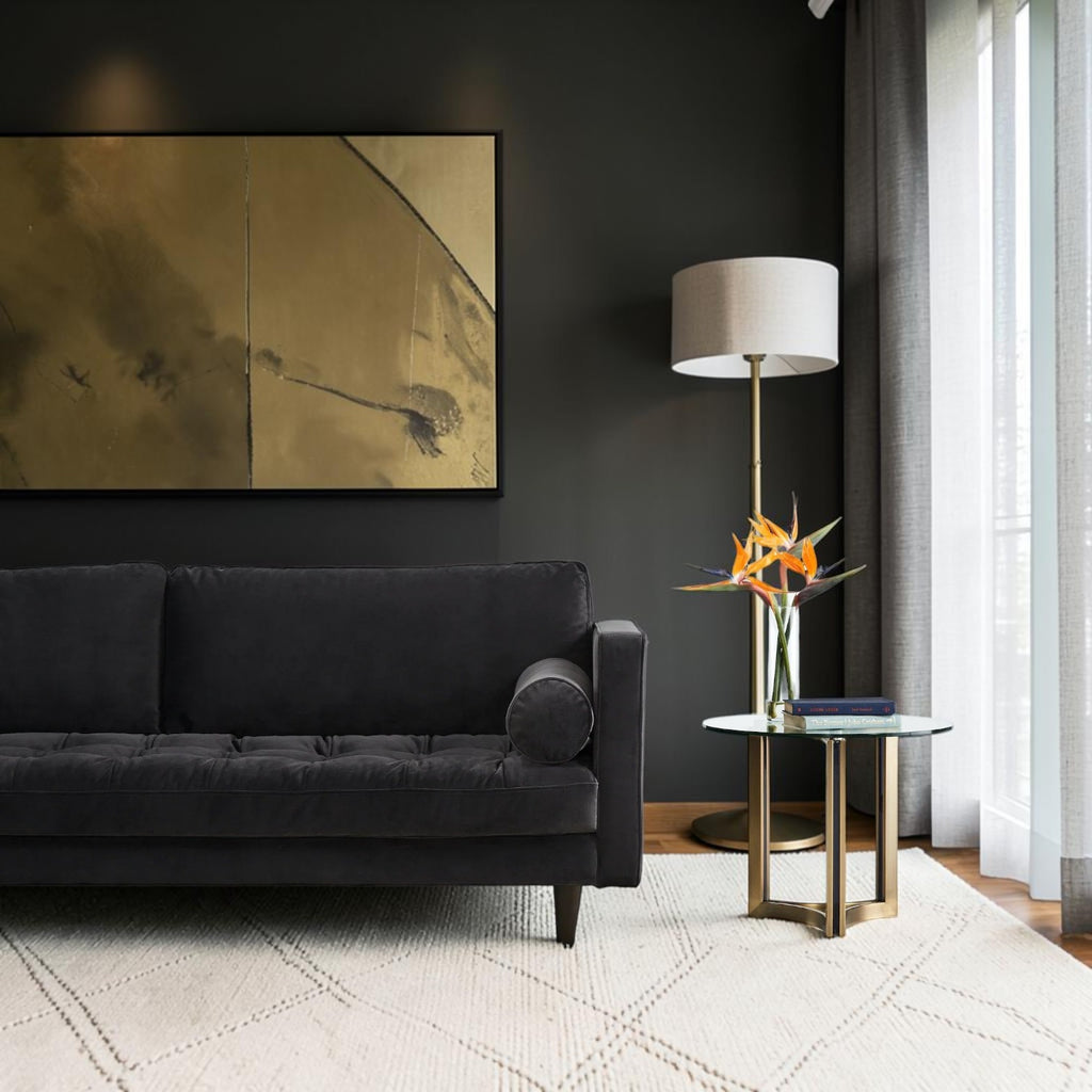 Homecrest Bicknor 2 seater sofa in black suede velvet fabric with tufted seat cushions in a modern living room setting.