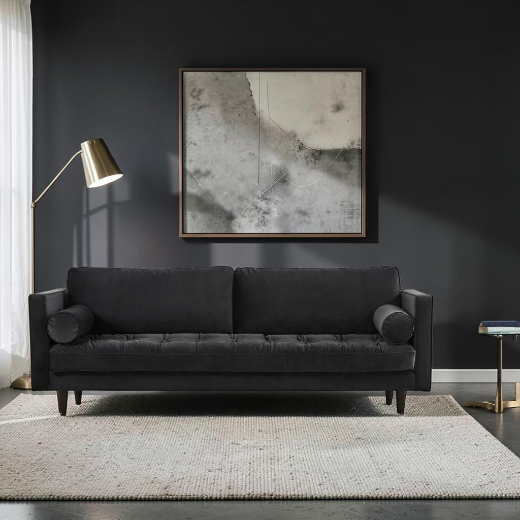 Homecrest Bicknor 2 seater sofa in black suede velvet fabric with a solid wood frame in a modern living room setting.