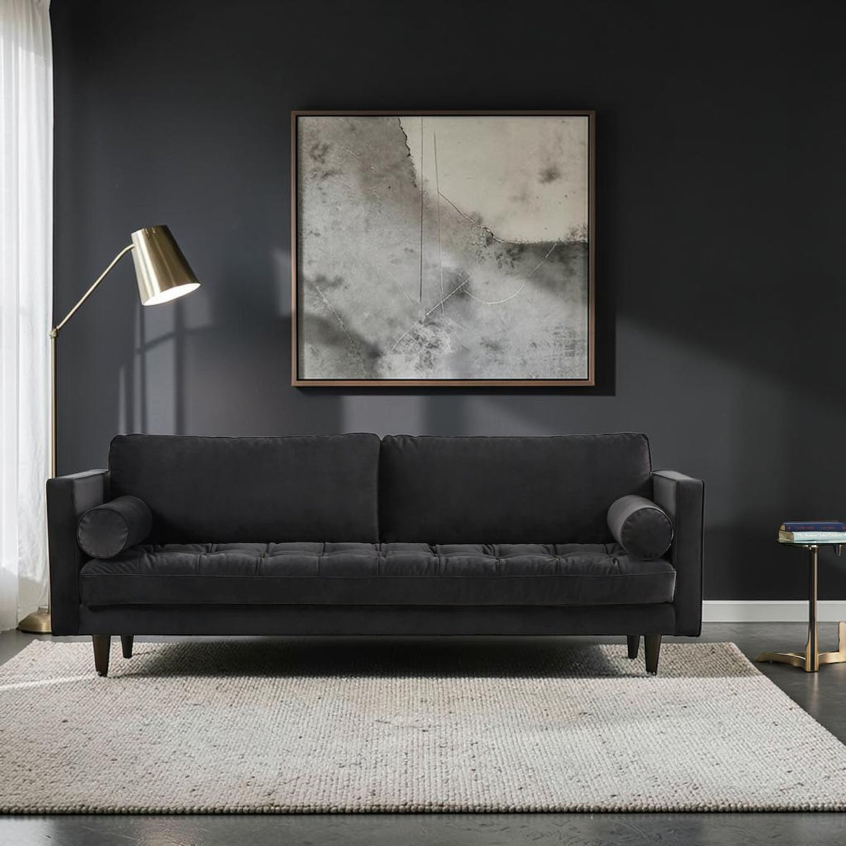 Homecrest Bicknor 2 seater sofa in black suede velvet fabric with a solid wood frame in a modern living room setting.