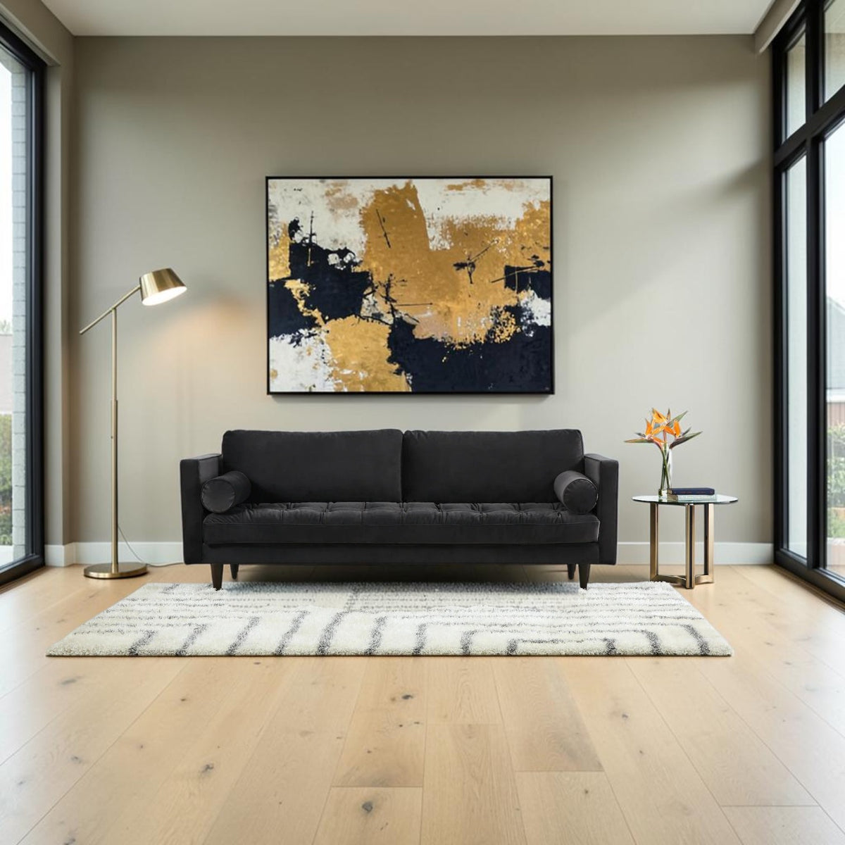 Homecrest Bicknor 2 seater sofa in black suede velvet fabric with tapered legs in a modern living room setting