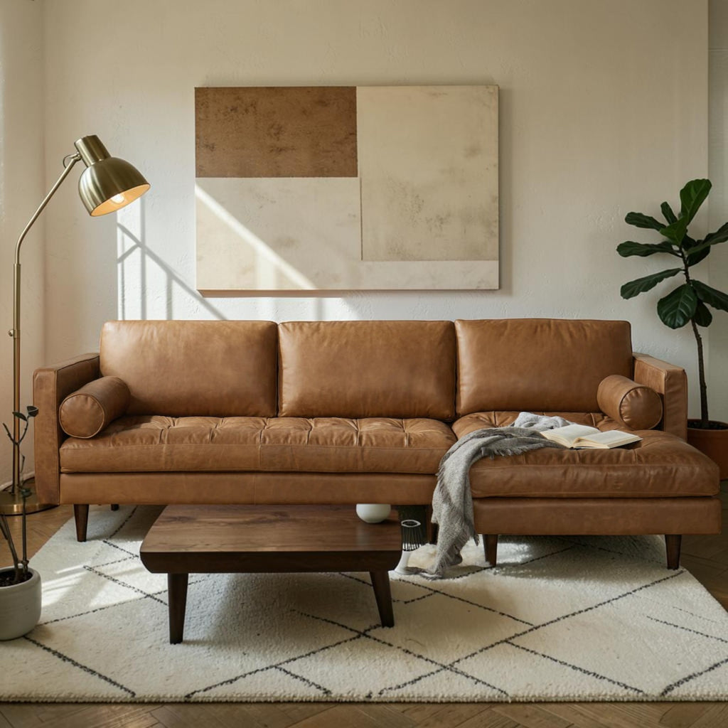 Homecrest Camber camel brown leather sectional sofa with button-tufted seating and solid wood frame in a living room.