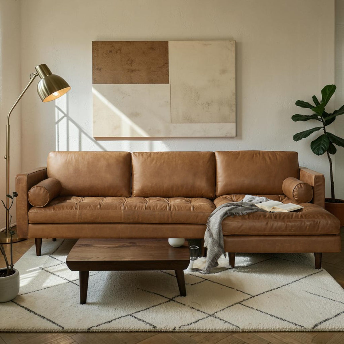 Homecrest Camber camel brown leather sectional sofa with button-tufted seating and solid wood frame in a living room.
