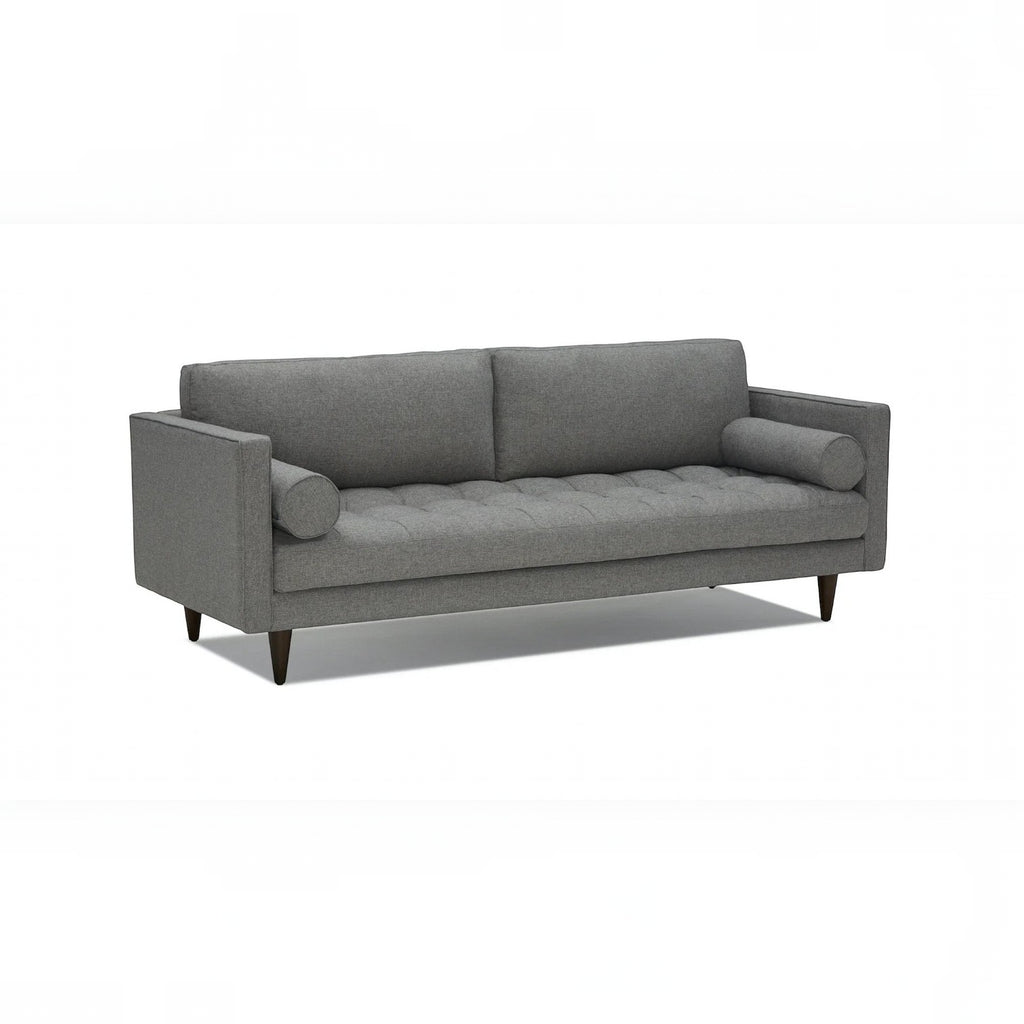 Homecrest Bicknor 2 seater sofa in gray suede velvet fabric with a solid wood frame and mid-century modern design.