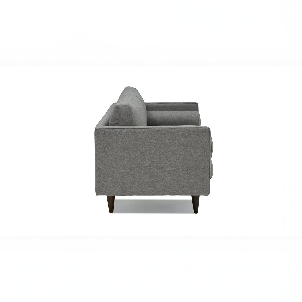 Homecrest Bicknor 2 seater sofa in gray suede velvet fabric with tapered wooden legs, side view.
