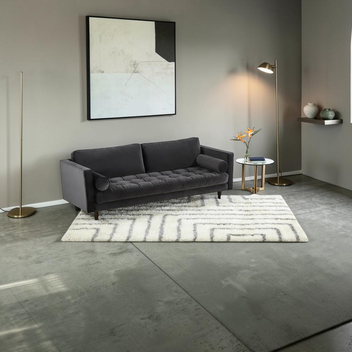 Homecrest Bicknor 2 seater sofa in dark gray suede velvet fabric with tufted seat cushions and tapered wooden legs