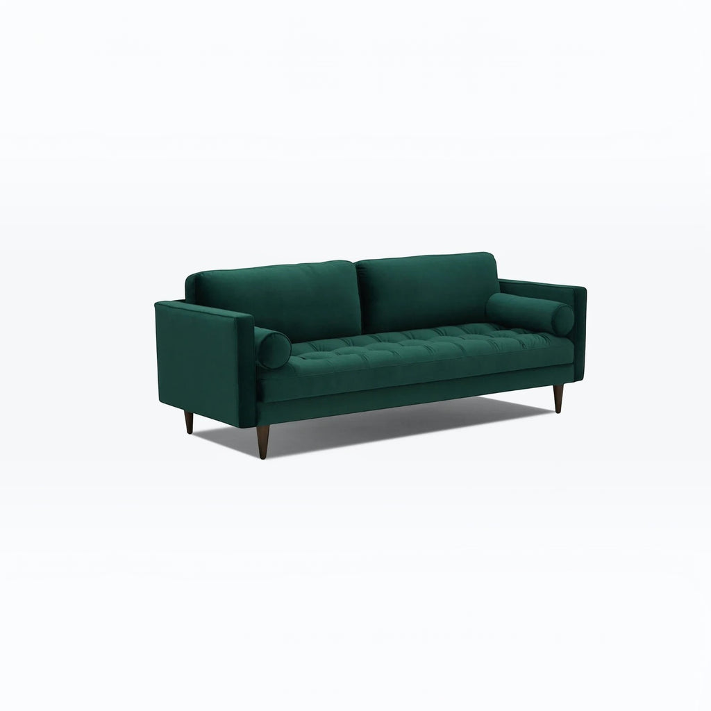 Homecrest Bicknor 2 seater sofa in peacock green suede velvet with tufted seat and tapered wooden legs