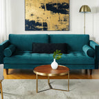Homecrest Bicknor 2 seater sofa in peacock suede velvet with tufted seat and tapered legs in a modern living room