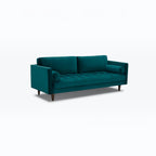 Homecrest Bicknor 2 seater sofa in peacock suede velvet fabric with tufted seat and tapered wooden legs