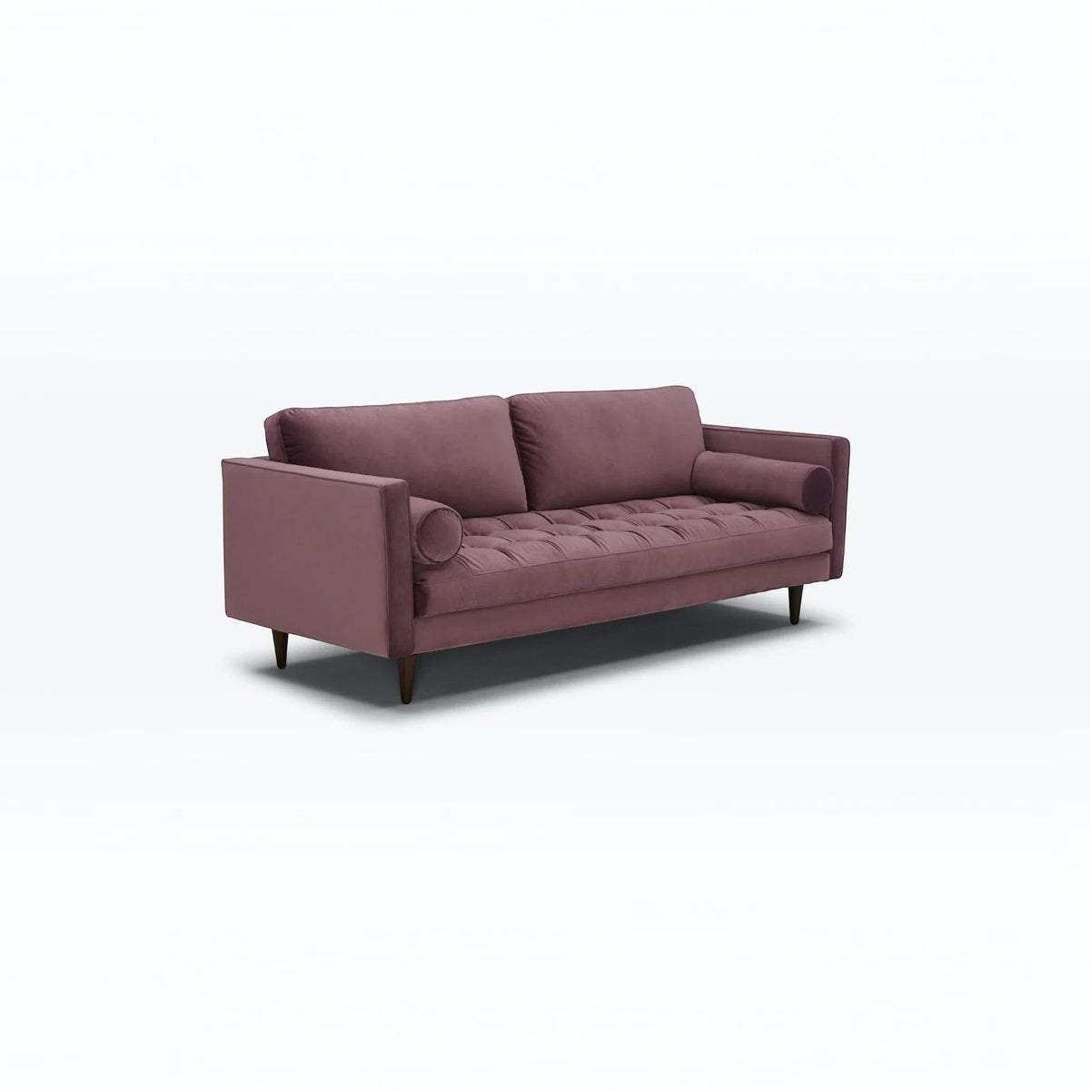 Homecrest Bicknor 2 seater sofa in purple suede velvet fabric with tufted seat and tapered wooden legs.