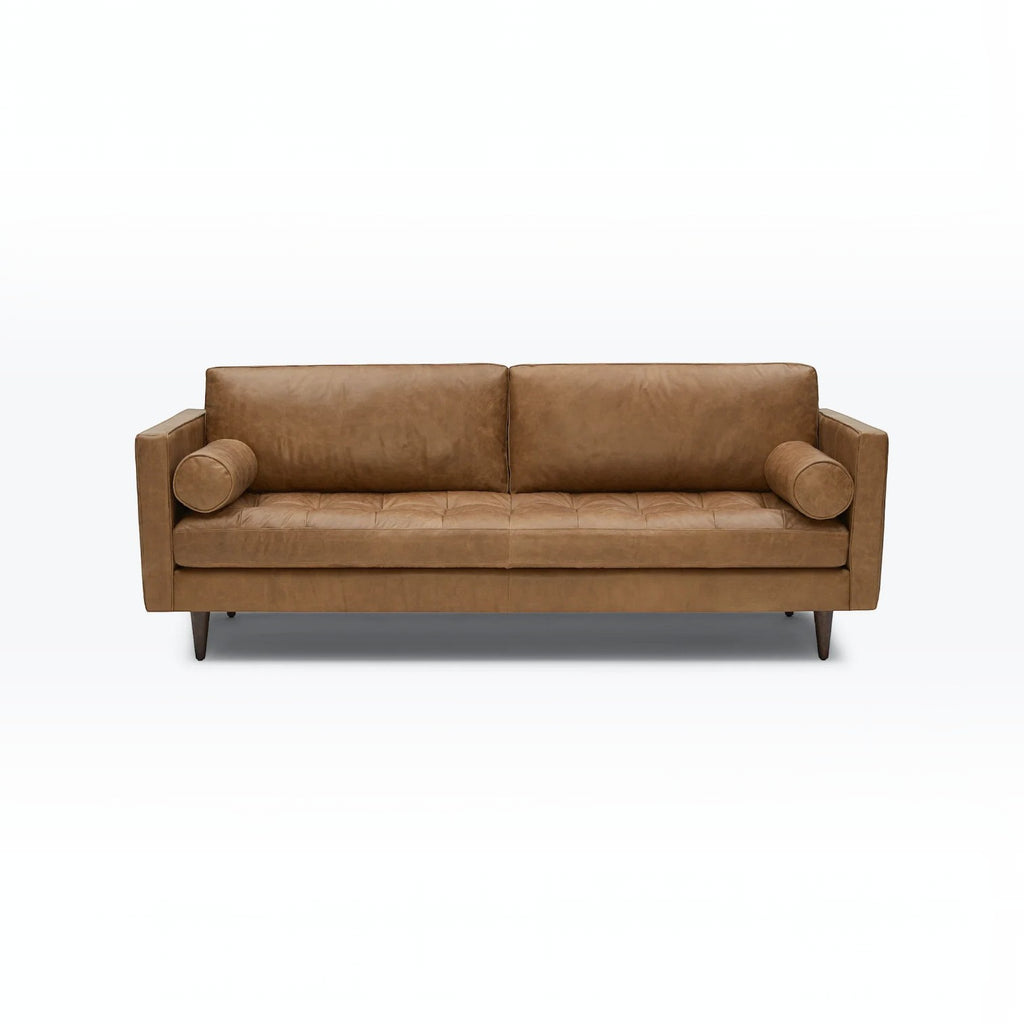 Homecrest Bicknor 2 seater sofa in tan suede velvet fabric with a mid-century modern design and tapered wooden legs.
