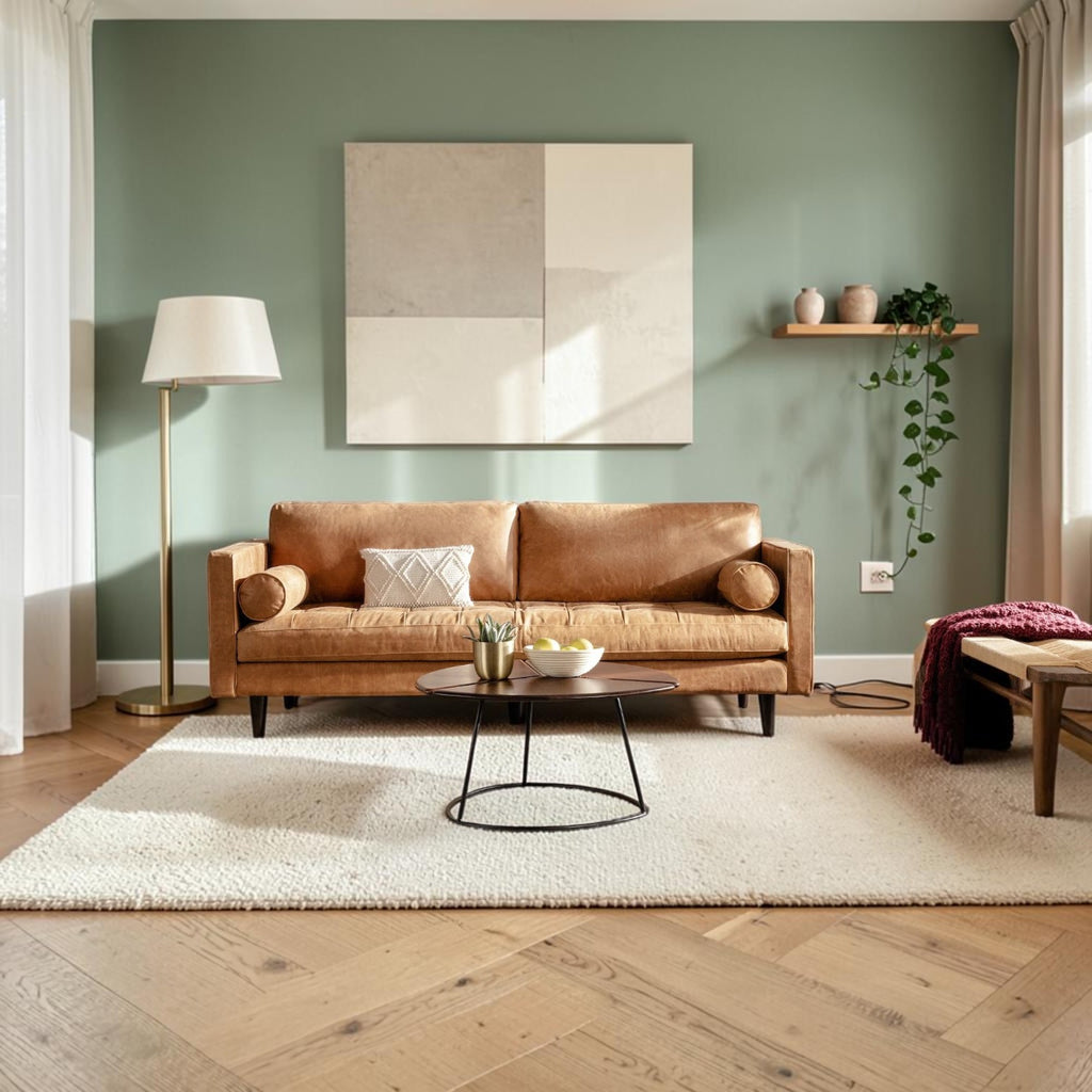 Homecrest Bicknor 2 seater sofa in tan suede velvet fabric with tapered legs in a modern living room setting