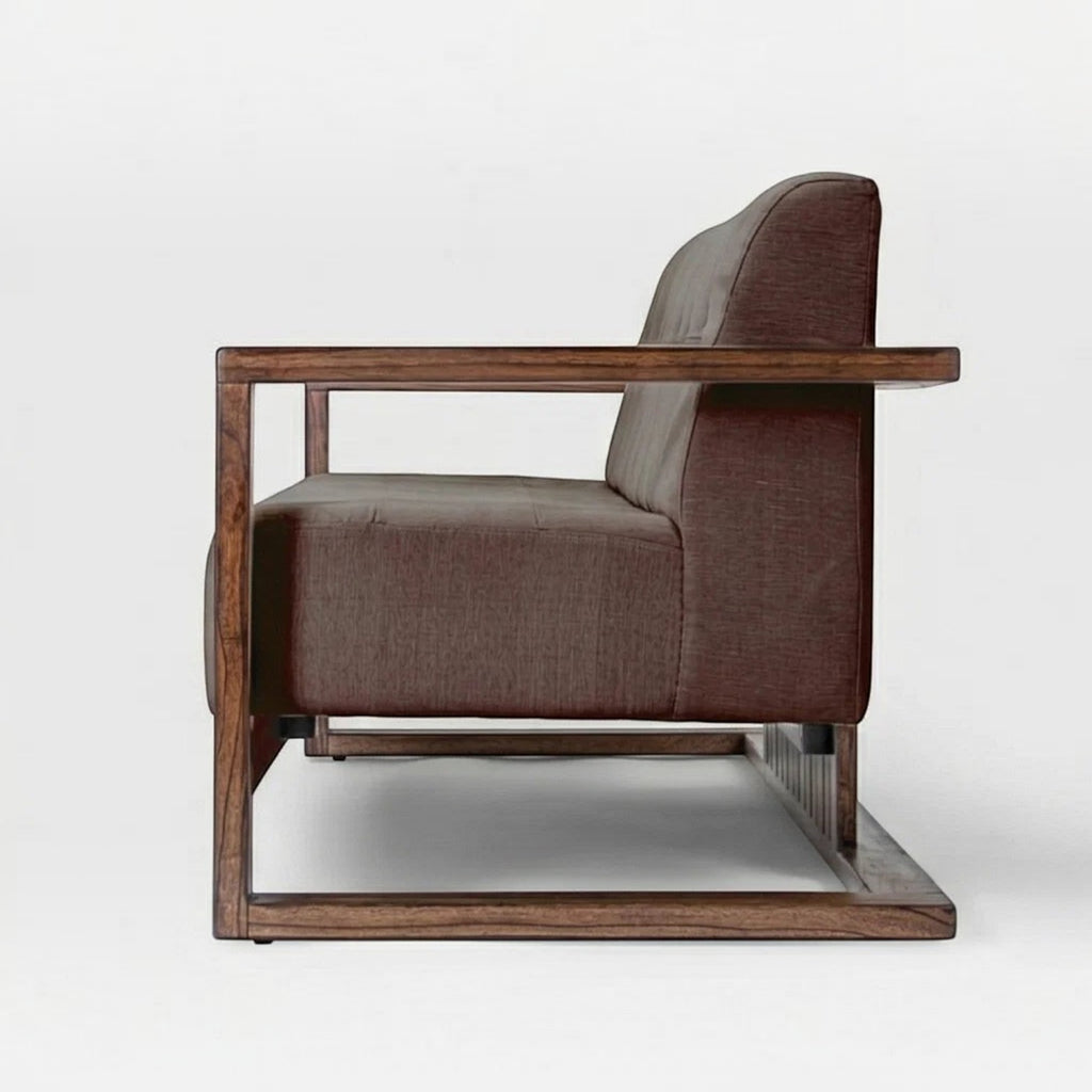 Homecrest 3-seater sofa in brown textured fabric with a dark walnut solid wood box frame and tufted backrest