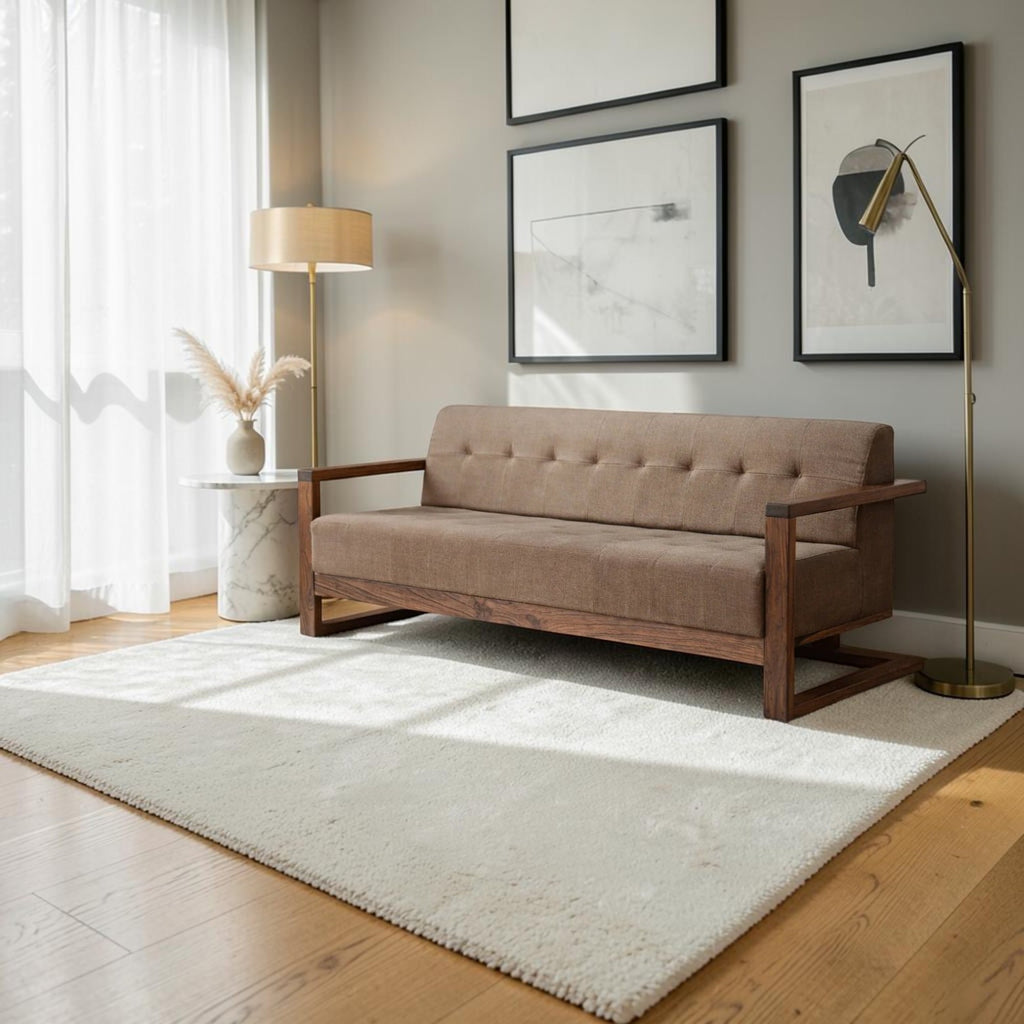 Homecrest 3-seater sofa in brown fabric with a dark walnut solid wood box frame and tufted backrest in a living room