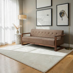 Homecrest 3-seater sofa in brown fabric with a dark walnut solid wood box frame and tufted backrest in a living room