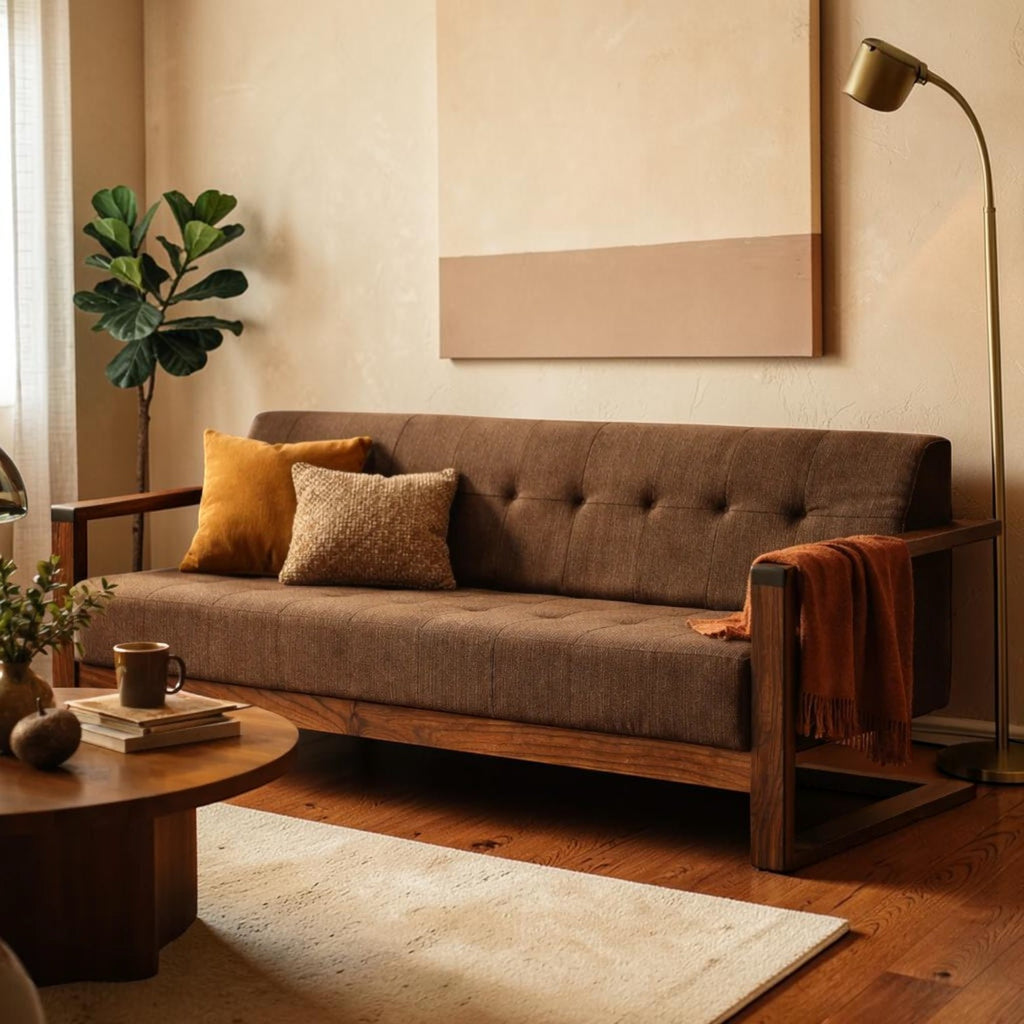 Homecrest 3-seater sofa in brown fabric with a dark walnut solid wood box frame and tufted backrest in a living room