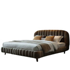 Homecrest luxurious brown velvet upholstered bed with a channel-tufted headboard and footboard on a white background.